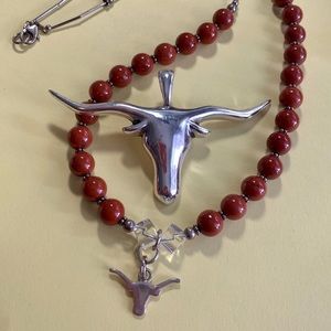 Texas longhorn pendants red jasper beads.